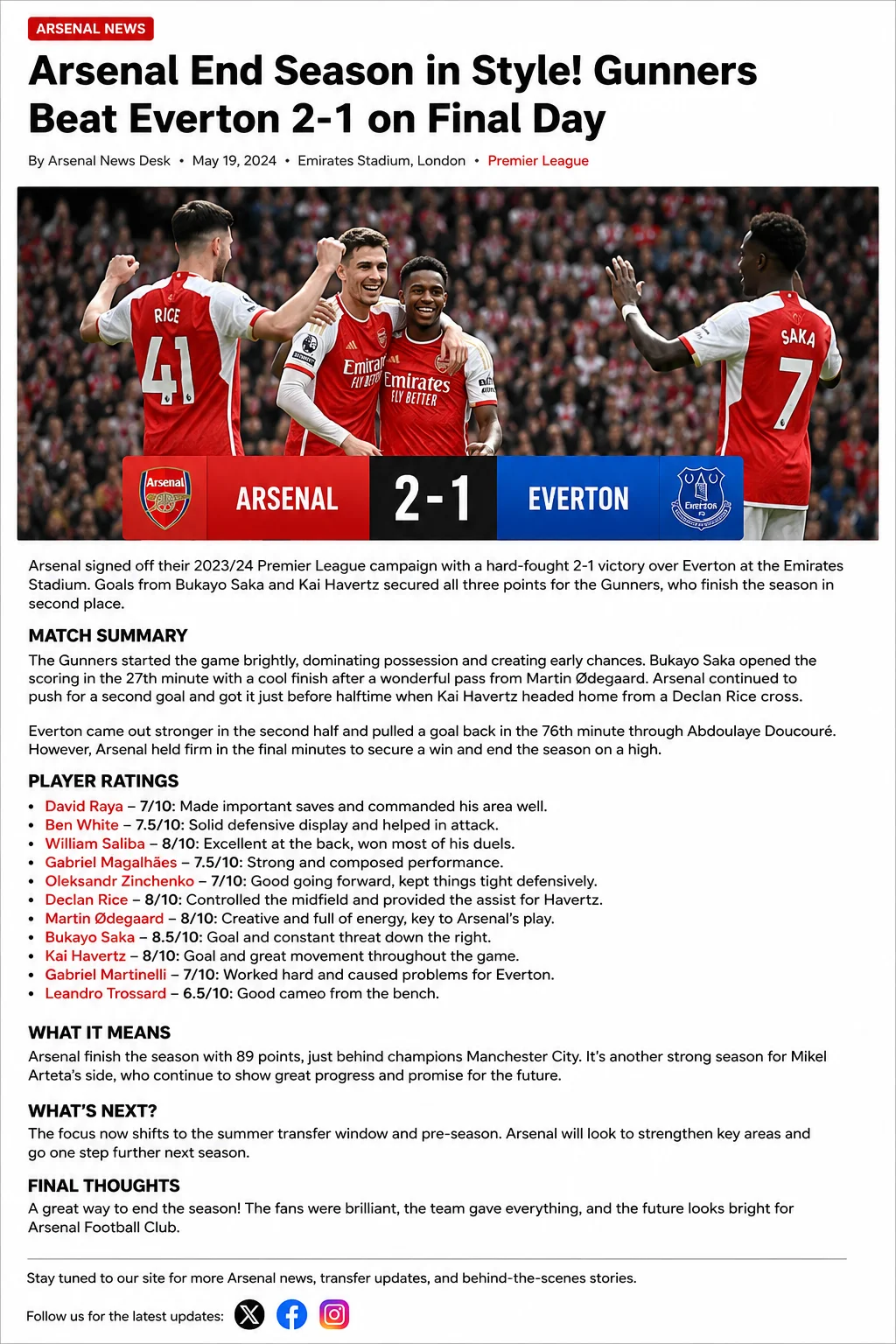 Arsenal Yasoje Shampiyona mu Bwiza! Gunners Yatsinze Everton Ibitego 2-1 ku Munsi wa Nyuma LONDRES, MU BWONGEREZA –